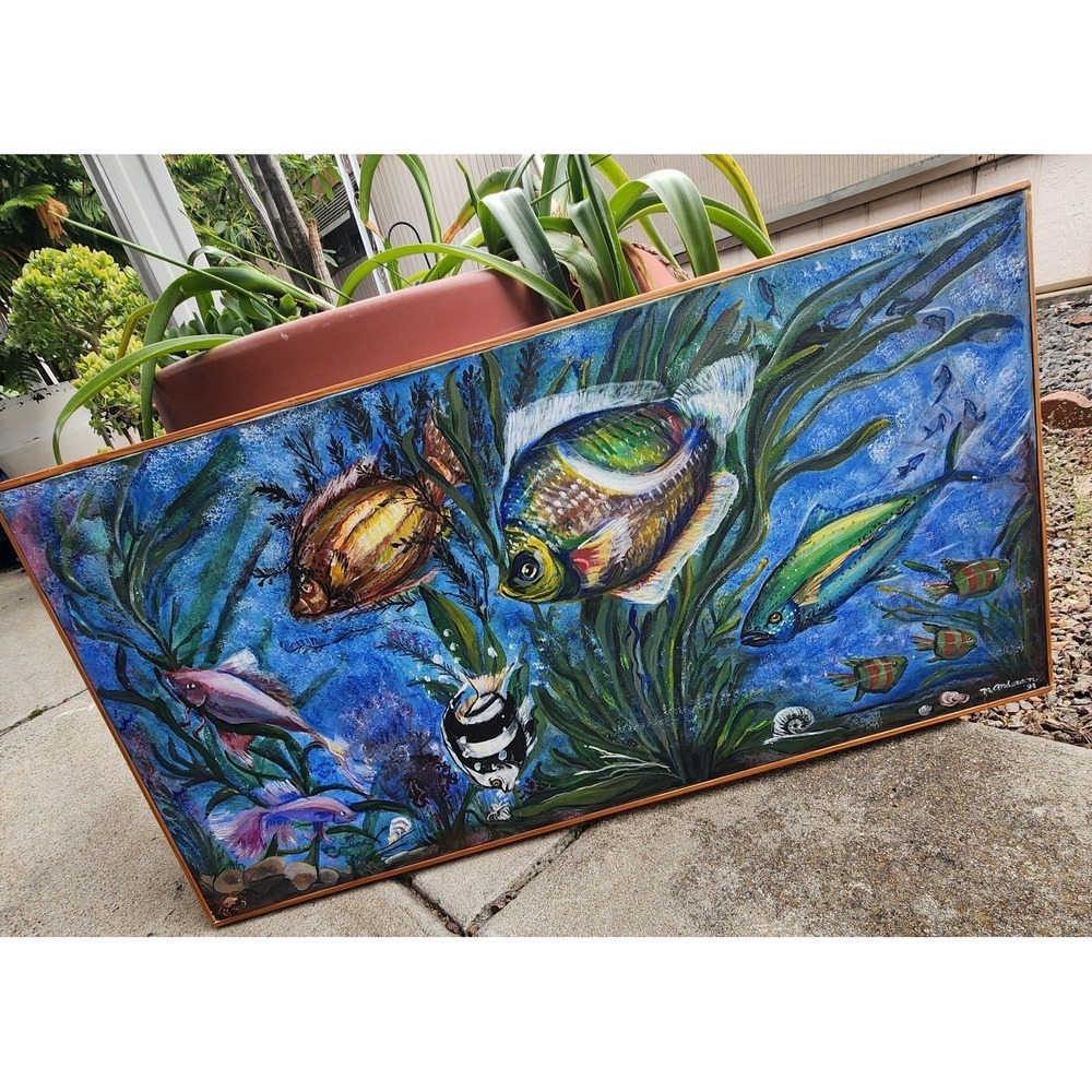 Vtg 94 acrylic On Canvas by artist M. Anderson Tropical Fish Seaweed 31 X 15"